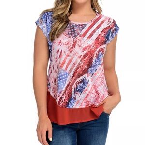 ONE WORLD Red and Blue Patterned Top